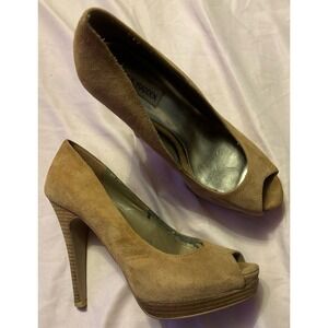 Steve Madden Tan Suede Disobey Peep Toe Stacked Stiletto Heels, Size‎ 10